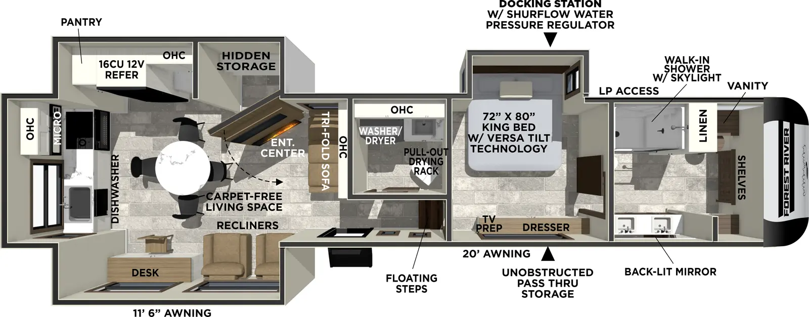 The Impression 360MYR has one entry and three slide outs. Exterior features include: fiberglass exterior and 11'6" & 20' awning. Interiors features include: rear kitchen.